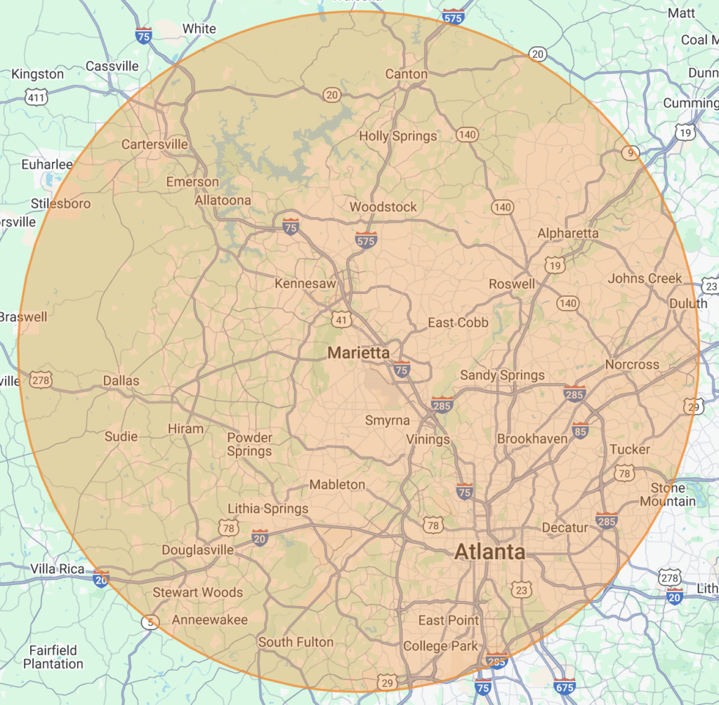 Map of Kari's Kitchen's Northwest Metro Atlanta delivery zone
